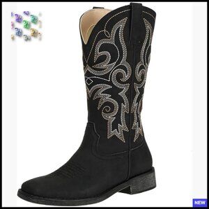 Western Cowgirl Boots Wide Square Toe Mid Calf Fashion Equestrian Style